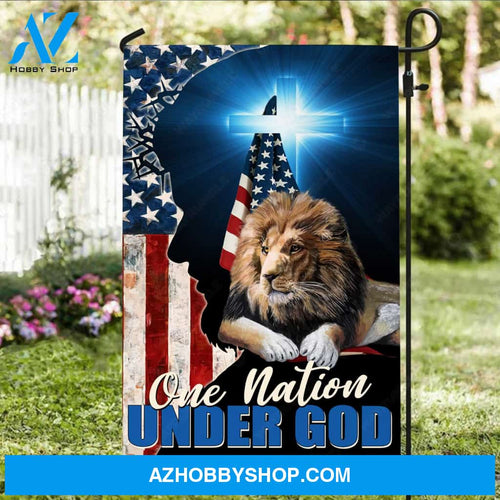 Blue cross, Watercolor lion, US flag symbol, One nation under God - Jesus Flag