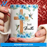 Blue flower garden, Wooden cross, Hummingbird painting, Just breathe - Jesus White Mug