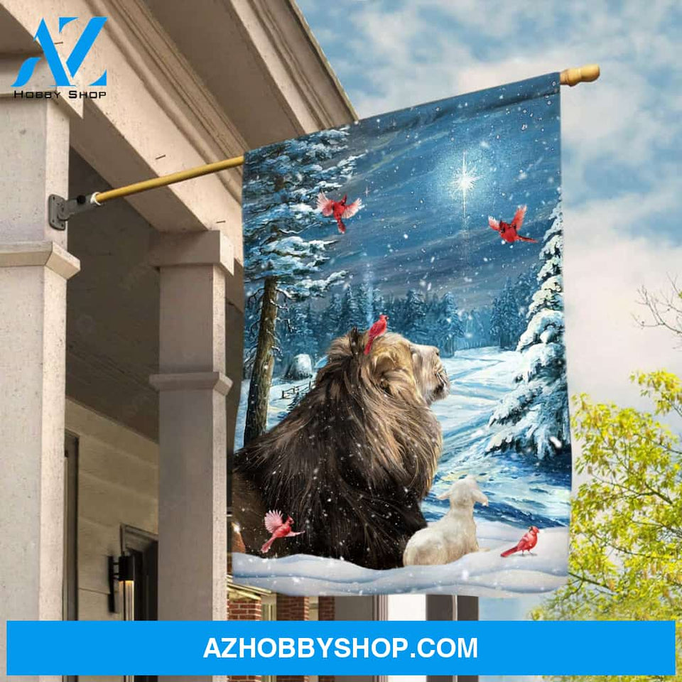 Blue forest, Beautiful lion, Lovely cardinal, Christmas is coming - Jesus Flag