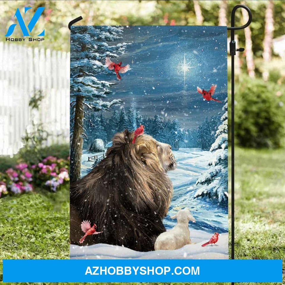 Blue forest, Beautiful lion, Lovely cardinal, Christmas is coming - Jesus Flag