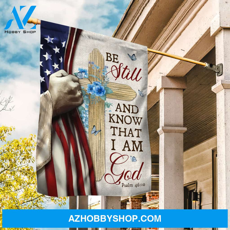 Blue hydrangea, Wooden cross, Jesus's hand, Be still and know that I am God - Jesus Flag