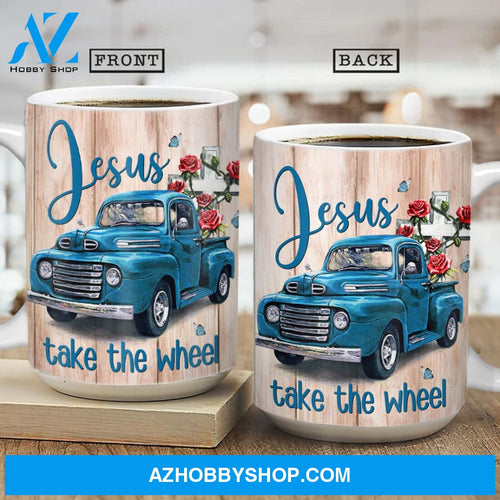 Blue ladybug car, Rose flower, White cross, Jesus take the wheel - Jesus AOP Mug