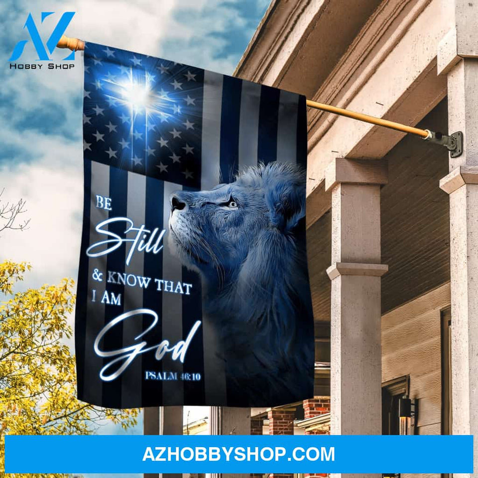 Blue lion painting, White cross, US flag, Be still and know that I am God - Jesus Flag
