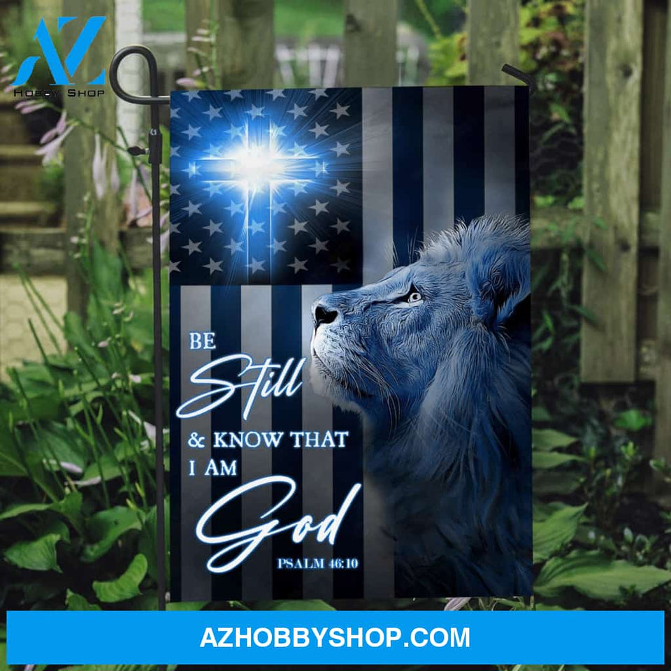Blue lion painting, White cross, US flag, Be still and know that I am God - Jesus Flag