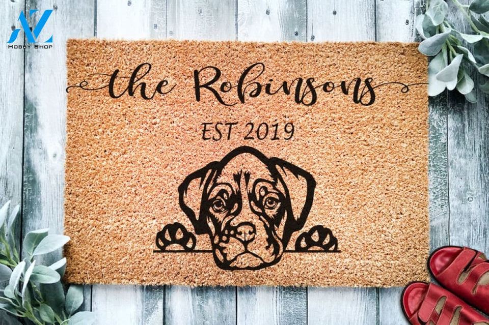 Boxer Puppy Dog v2 Personalized Doormat Custom Doormat Welcome Mat Housewarming Gift Last Name Door Mat Puppy