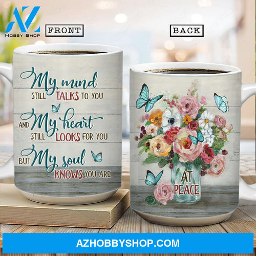 Brilliant flower painting, Blue butterfly, Pink rose, My mind still talks to you - Heaven AOP Mug