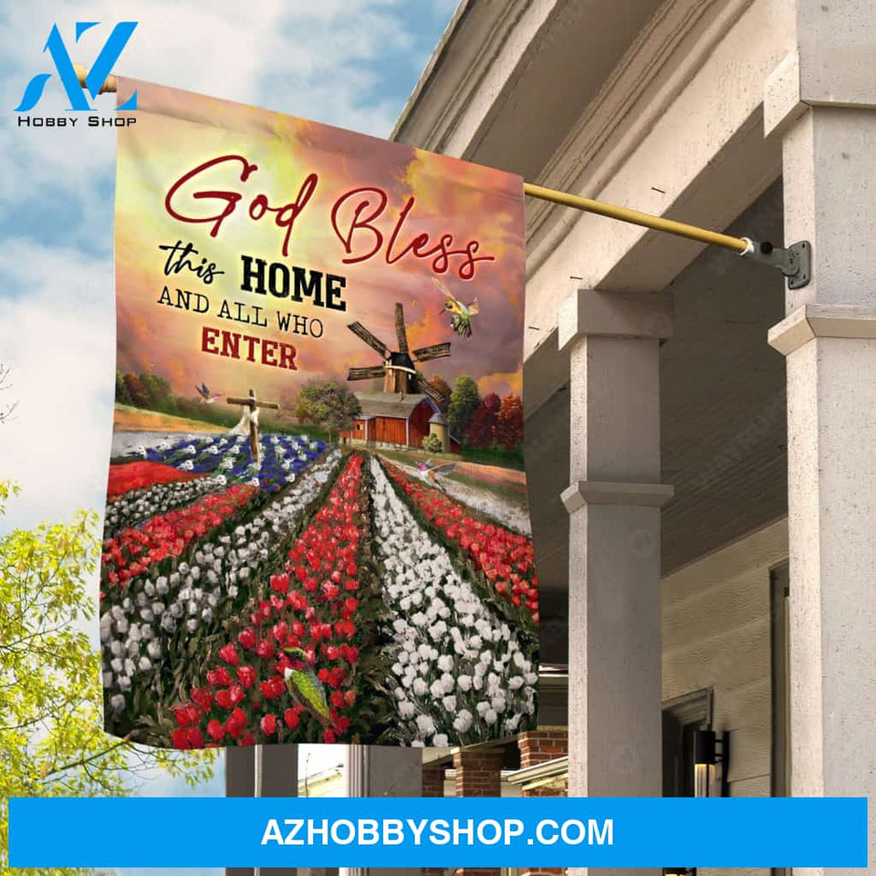 Brilliant tulip field, Orange sunset, Vintage house, God bless this home - Jesus Flag