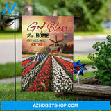 Brilliant tulip field, Orange sunset, Vintage house, God bless this home - Jesus Flag