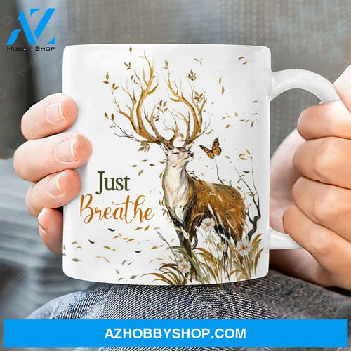 Brown deer, Orange butterfly, Flower field, Just breathe - Jesus White Mug