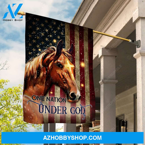 Brown horse, Galaxy painting, US flag, One nation under God - Jesus Flag