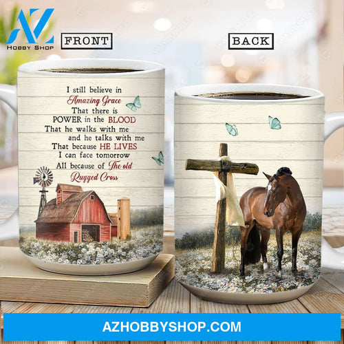 Brown horse, Wooden cross, Red house, Daisy field, I still believe in amazing grace - Jesus AOP Mug