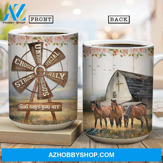Brown horses, Big windmill, Rose flower, God says you are unique - Jesus AOP Mug