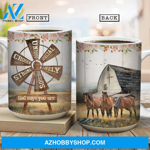Brown horses, Big windmill, Rose flower, God says you are unique - Jesus AOP Mug