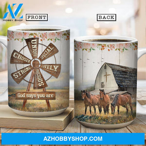 Brown horses, Big windmill, Rose flower, God says you are unique - Jesus AOP Mug