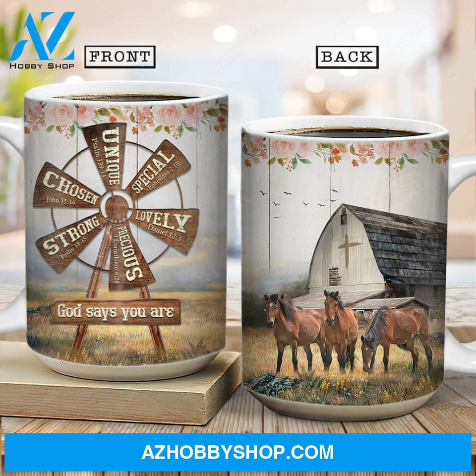 Brown horses, Big windmill, Rose flower, God says you are unique - Jesus AOP Mug