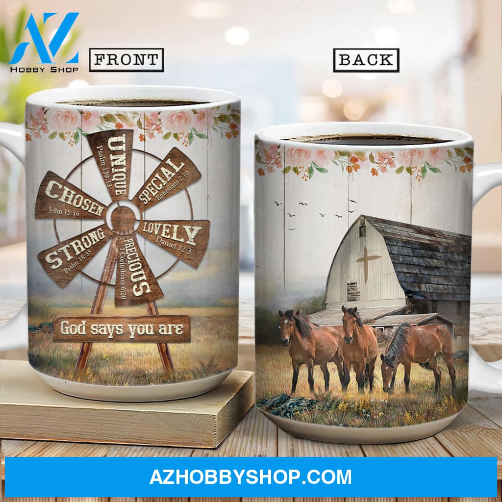 Brown horses, Big windmill, Rose flower, God says you are unique - Jesus AOP Mug
