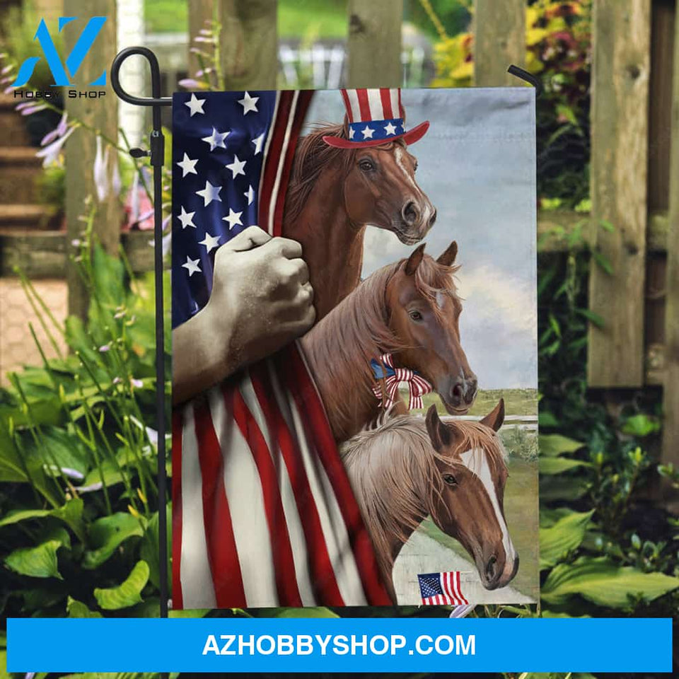 Brown horses, Colorful hat, Green meadow, US flag drawing - Jesus Flag