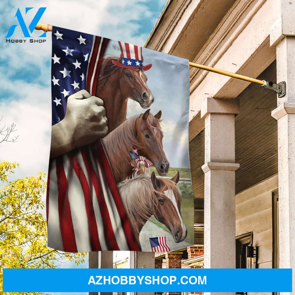 Brown horses, Colorful hat, Green meadow, US flag drawing - Jesus Flag