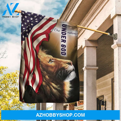 Brown lion, Beautiful US flag, White cross, One nation under God - Jesus Flag