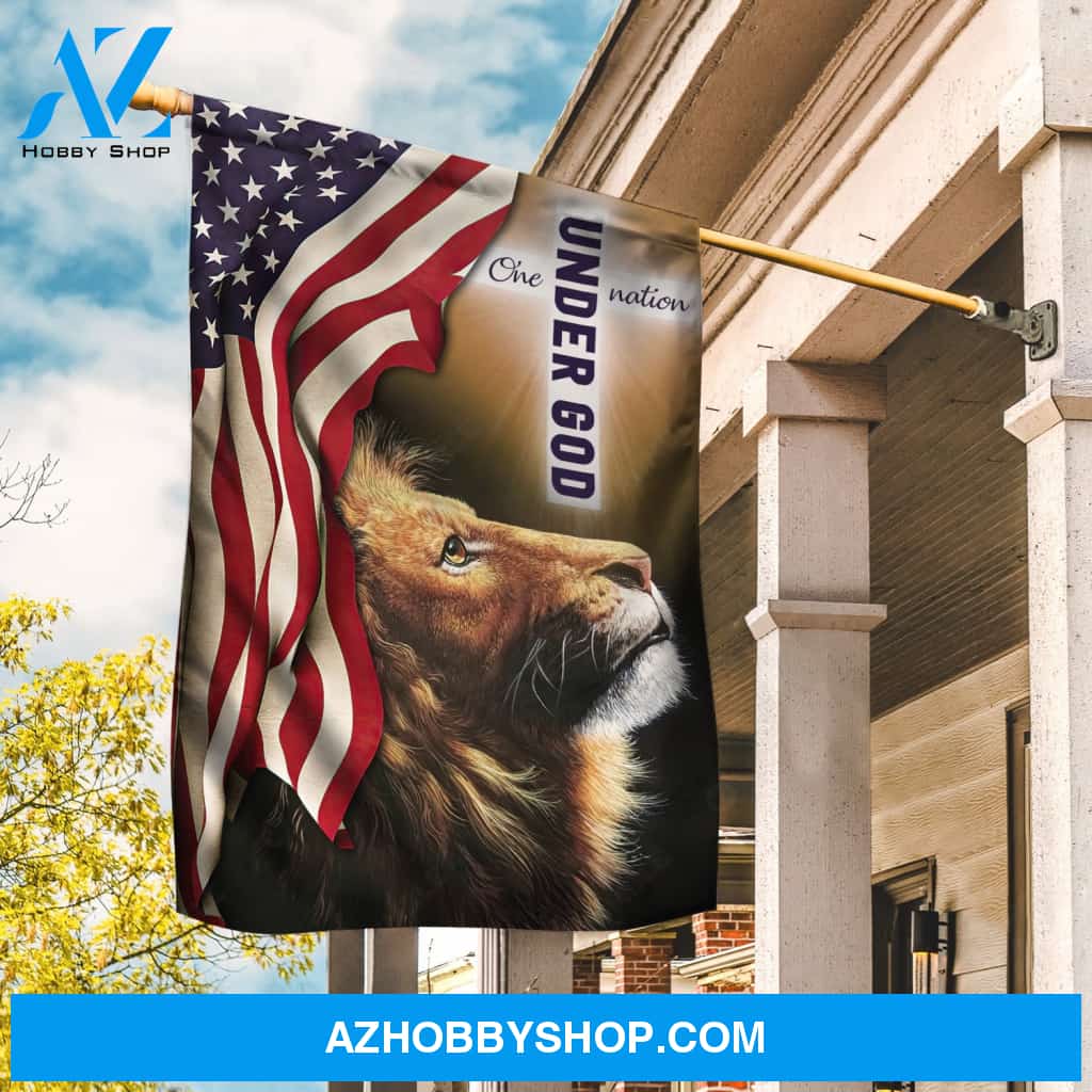 Brown lion, Beautiful US flag, White cross, One nation under God - Jesus Flag