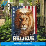 Brown lion drawing, US flag, Crown of thorn, Believe - Jesus Flag