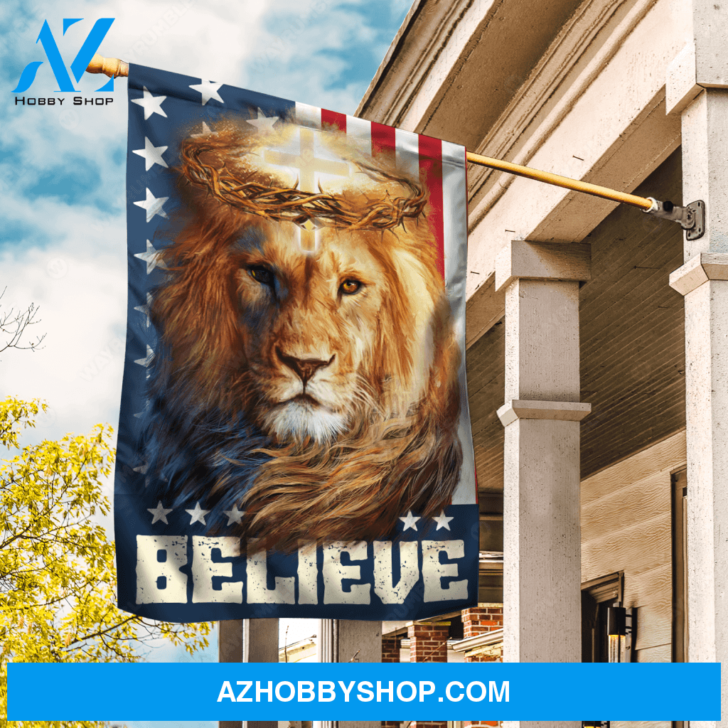 Brown lion drawing, US flag, Crown of thorn, Believe - Jesus Flag