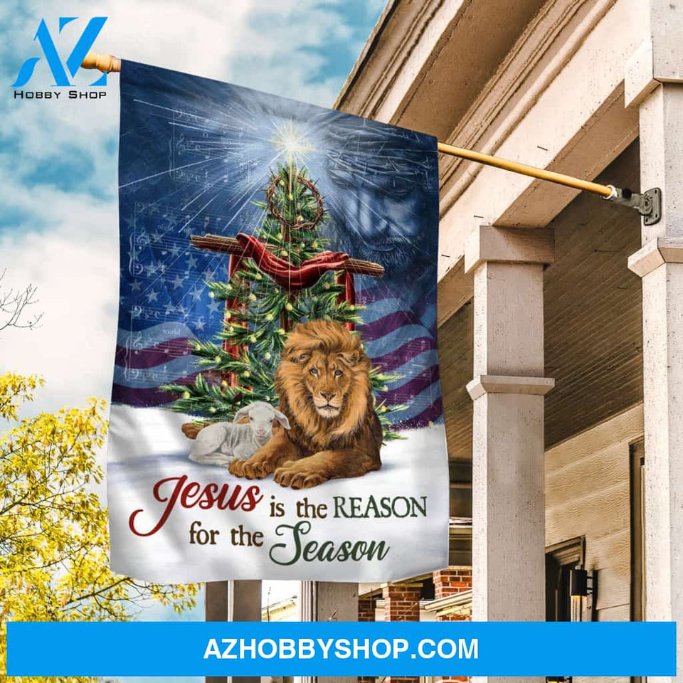 Brown lion of Judah, Awesome Christmas tree, Cross symbol, Jesus is the reason for the season - Jesus Flag