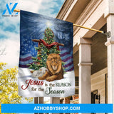 Brown lion of Judah, Awesome Christmas tree, Cross symbol, Jesus is the reason for the season - Jesus Flag