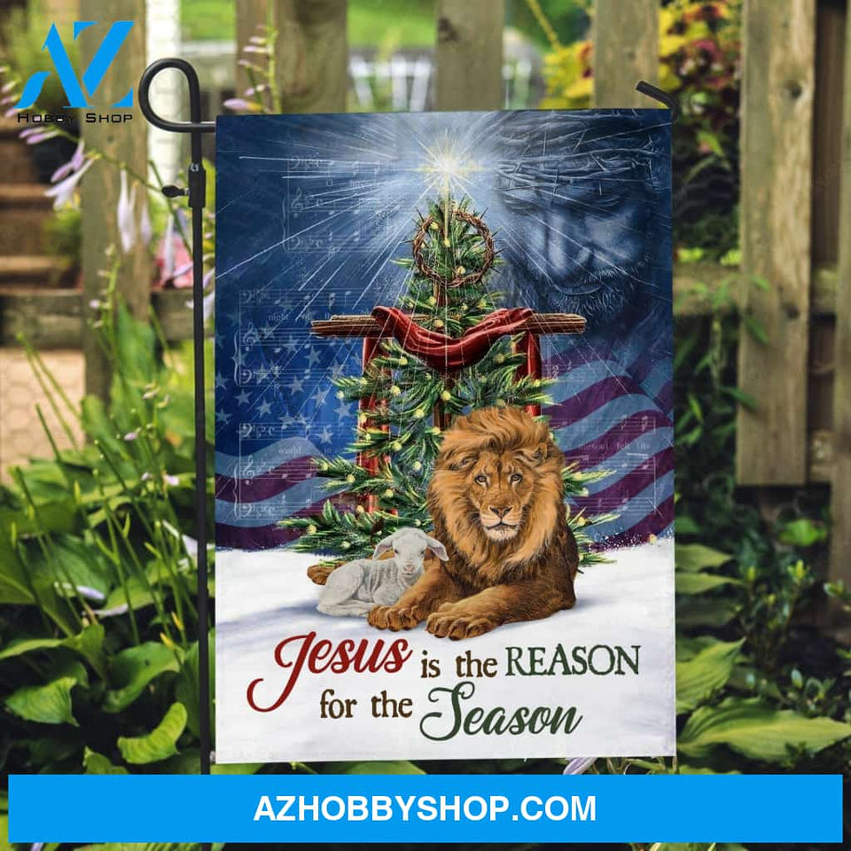 Brown lion of Judah, Awesome Christmas tree, Cross symbol, Jesus is the reason for the season - Jesus Flag
