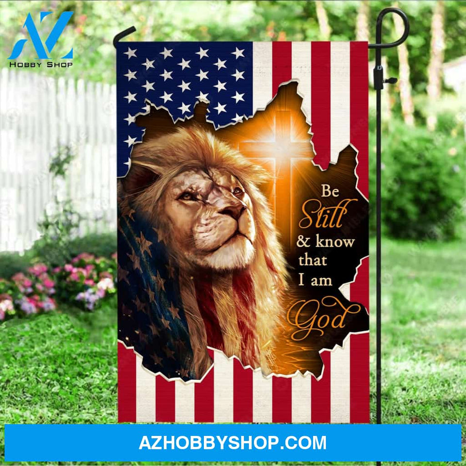 Brown lion, Lion of Judah, Orange cross, Us flag, Be still and know that I am God - Jesus Flag