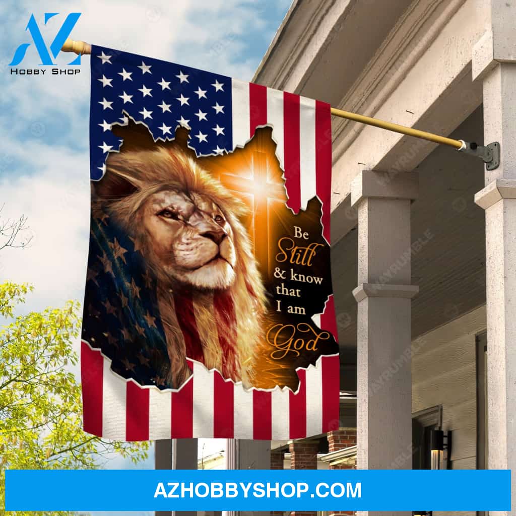 Brown lion, Lion of Judah, Orange cross, Us flag, Be still and know that I am God - Jesus Flag