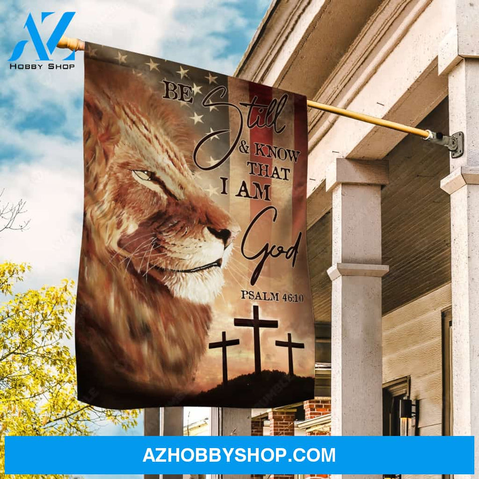 Brown lion painting, US flag background, Black cross, Be still and know that I am God - Jesus Flag