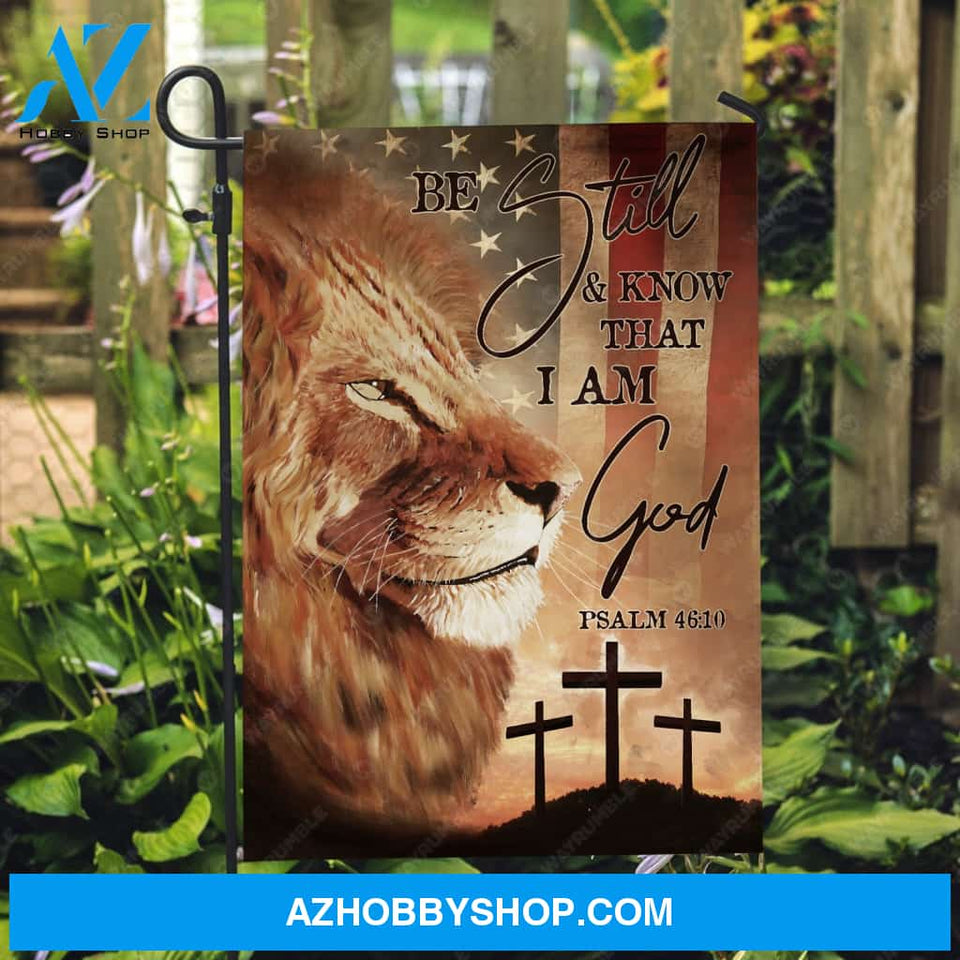 Brown lion painting, US flag background, Black cross, Be still and know that I am God - Jesus Flag