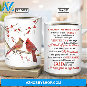 Cardinal couple, Cranberry branch, Good memories, I thought of you today - Heaven White Mug
