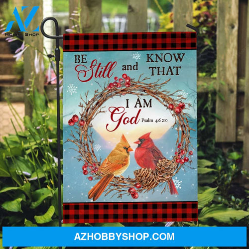 Cardinal couple, Cranberry flower wreath, Be still and know that I am God - Jesus Flag