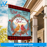 Cardinal couple, Cranberry flower wreath, Be still and know that I am God - Jesus Flag