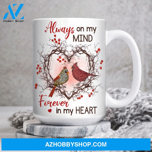 Cardinal couple, Cranberry wreath, Always on my mind, forever in my heart - Heaven White Mug
