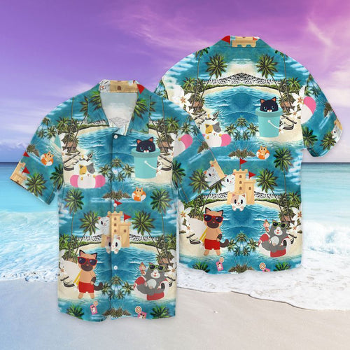 Cat Hawaii In The Beach Graphic Print Short Sleeve 
