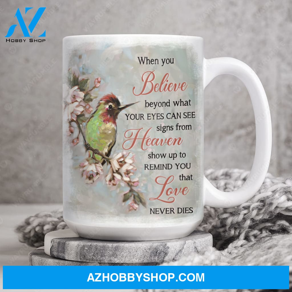 Cherry blossom painting, Colorful hummingbird, Signs from heaven remind you love never dies - Heaven AOP Mug