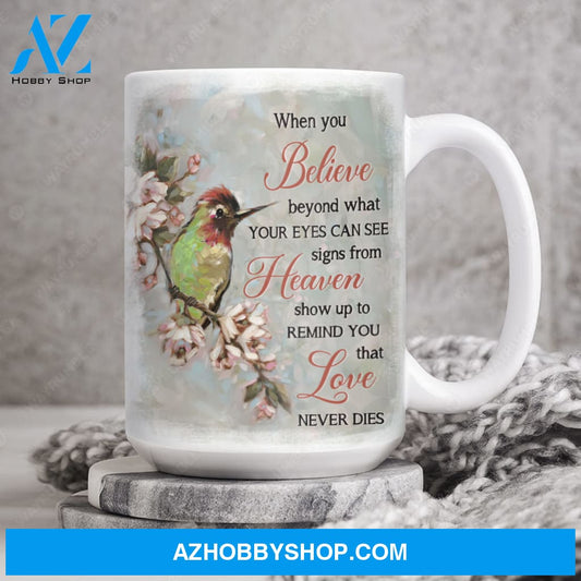 Cherry blossom painting, Colorful hummingbird, Signs from heaven remind you love never dies - Heaven AOP Mug