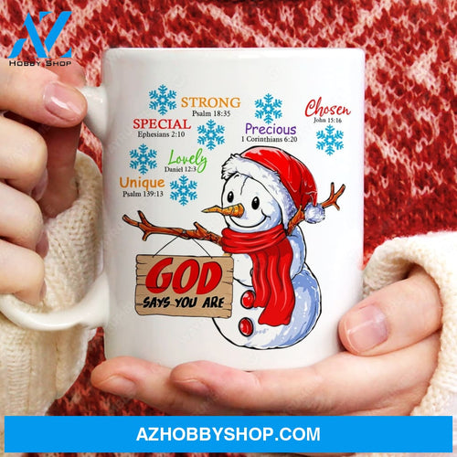 Christmas, Cute snowman, God says you are - Jesus White Mug