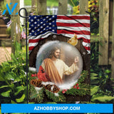 Christmas flag, Amazing Jesus, Colorful cardinal, US flag background - Jesus Flag