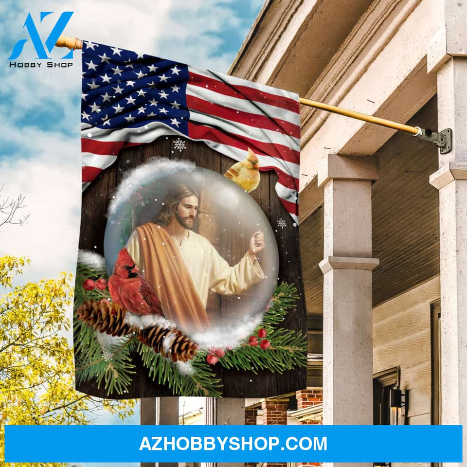 Christmas flag, Amazing Jesus, Colorful cardinal, US flag background - Jesus Flag