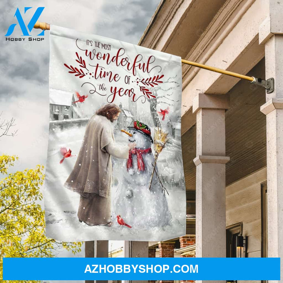 Christmas flag, Lovely snowman, Awesome Jesus, Red cardinal, It's the most wonderful time of the year - Jesus Flag