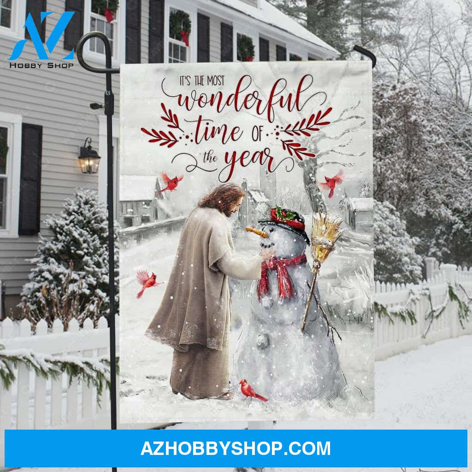 Christmas flag, Lovely snowman, Awesome Jesus, Red cardinal, It's the most wonderful time of the year - Jesus Flag