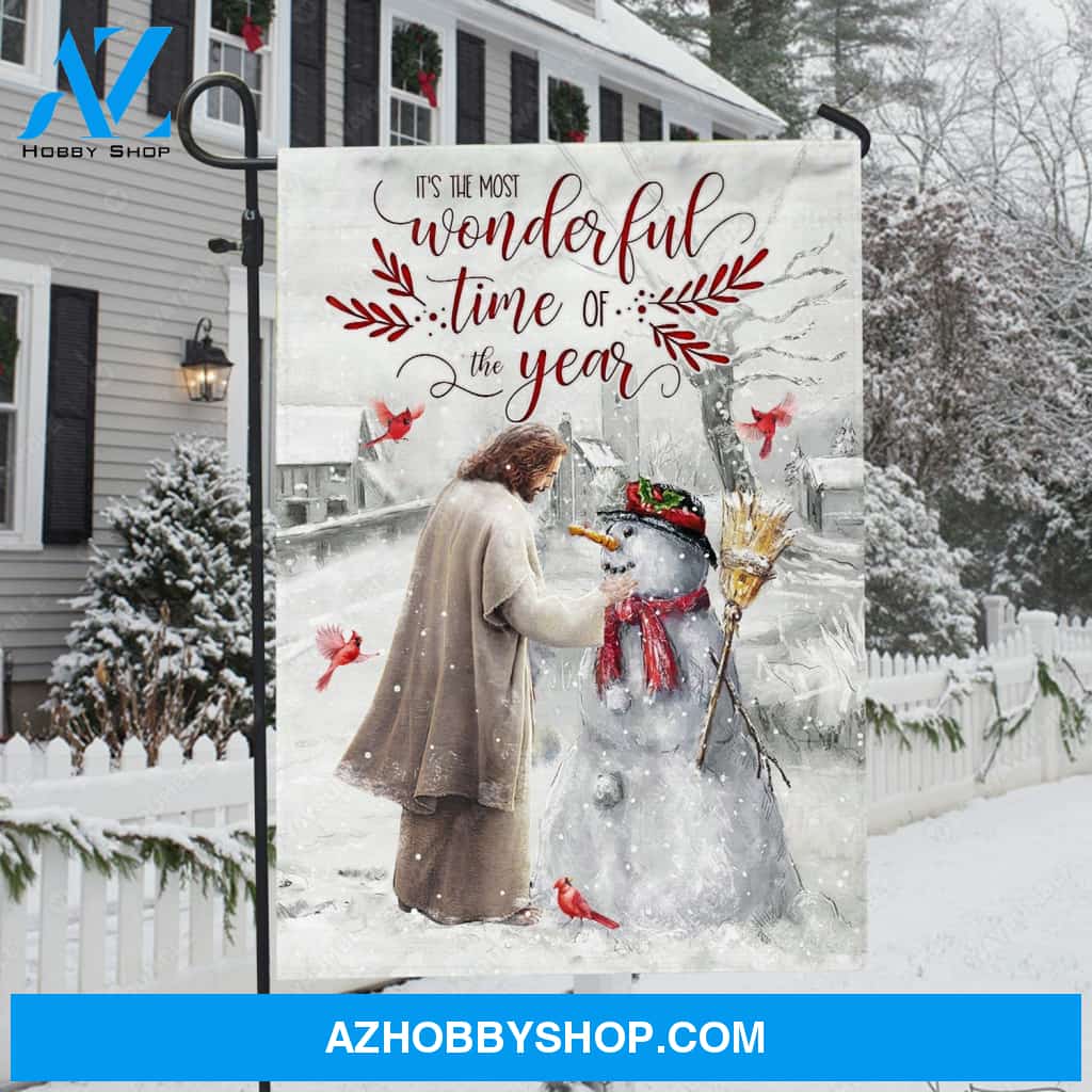 Christmas flag, Lovely snowman, Awesome Jesus, Red cardinal, It's the most wonderful time of the year - Jesus Flag