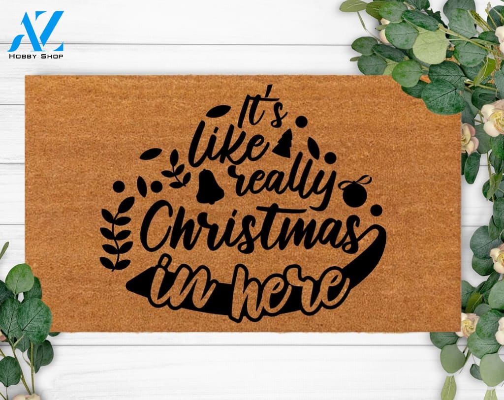Christmas In Here Family Name Door mat Welcome Rug Last Name Custom Wedding Gift Closing Present