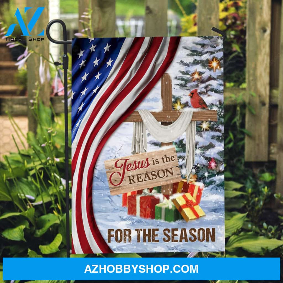 Christmas is coming, Winter forest, Wooden cross, Jesus is the reason for the season - Jesus Flag