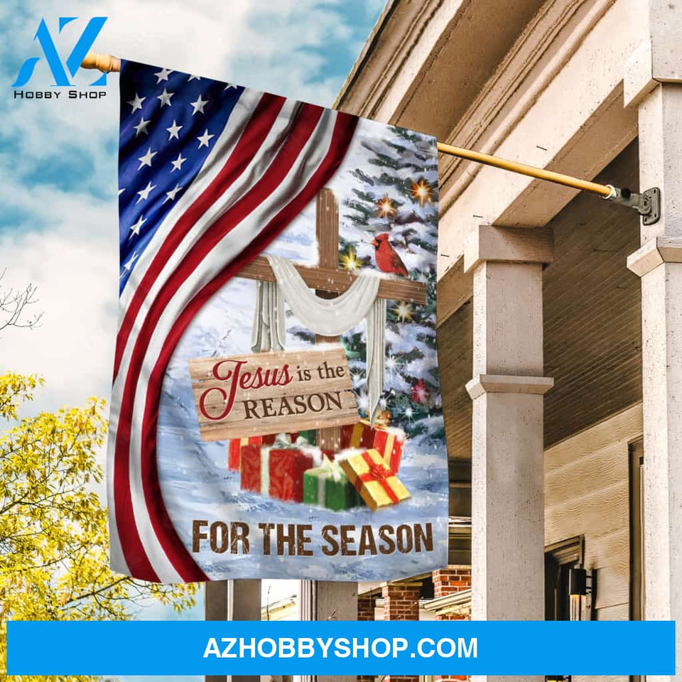 Christmas is coming, Winter forest, Wooden cross, Jesus is the reason for the season - Jesus Flag