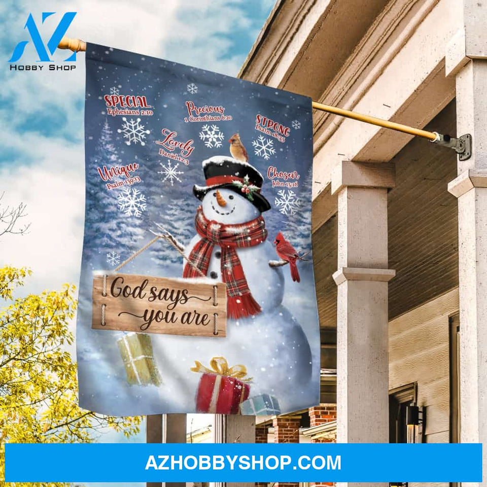 Christmas town, Big snowman, Winter forest, God says you are unique - Jesus Flag